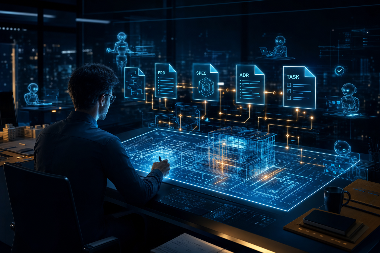 BHIL-AI-First-Development-Toolkit: A lone architect at a glowing blueprint table at night — technical drawings of an artifact chain spread before them, while ghostly AI agent icons move in the background executing the work. Deep navy blue with electric cyan blueprint lines and warm amber highlights. The feeling: calm mastery, serious craft, quiet leverage.